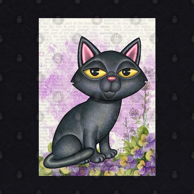 Cute black cat with purple background and flowers by Danny Gordon Art